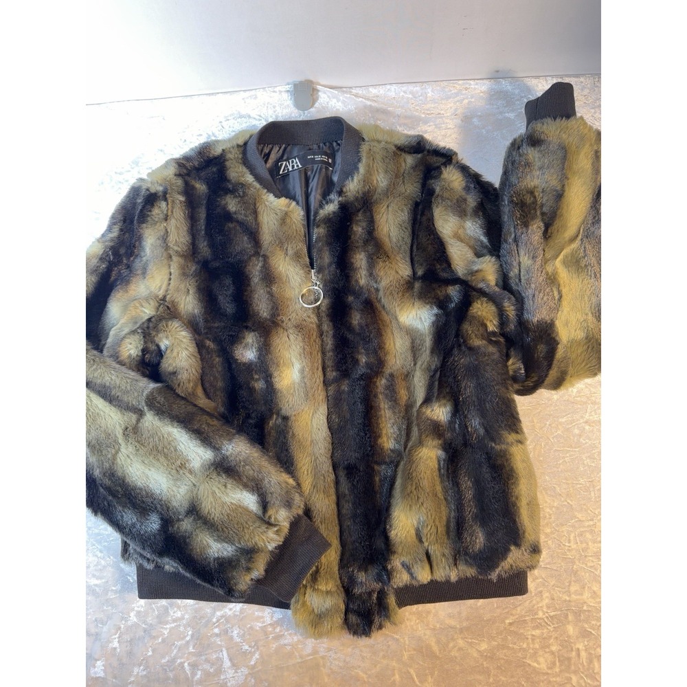 Zara Faux Fur Bomber Jacket Womens M Brown Black Patchwork Y2K Mob Wife